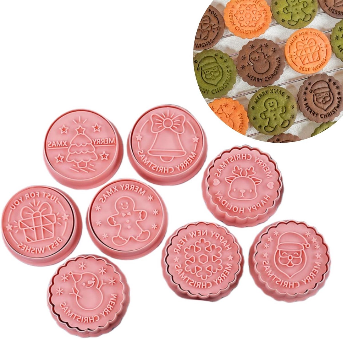 Set van 8 Kerst Uitstekvormpjes met Stempel - 3D Koekjesvormpjes voor Kerstkoekjes