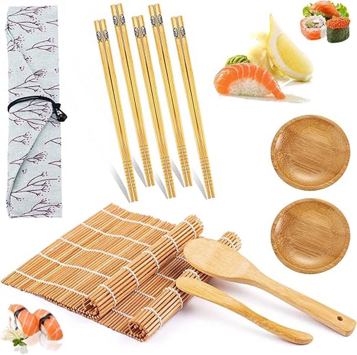 sushi-mat van bamboe, 2 rollen, staafjes, 5 paar