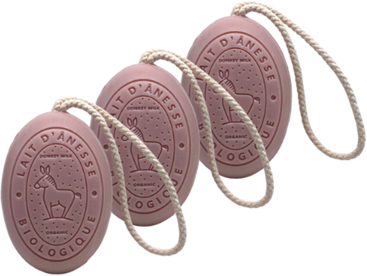 3 x Zeepkoord Monoi – Met Biologische Ezellinenmelk & Olijfolie – 175 g - Soap on rope - Zeep aan touw - Zeep aan koord