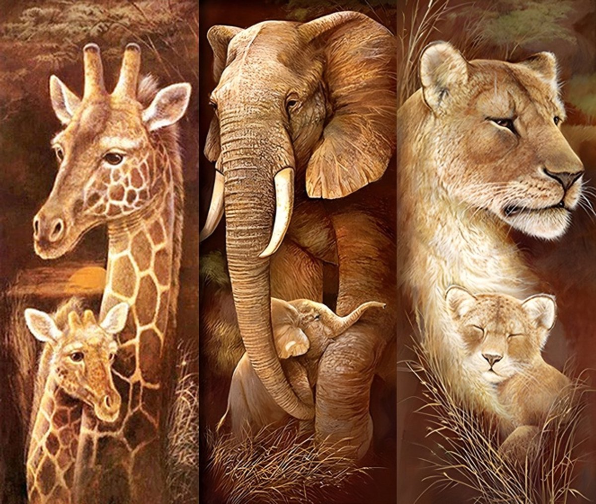 Diamond painting 3 luik - Giraffe, leeuw en olifant - 3x 30x70cm - vierkante steentjes - volledig beplakt - Diamond painting by Wietske