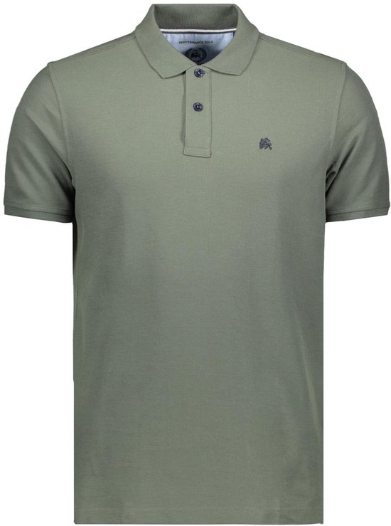 Lichtgroen piqué poloshirt met korte mouwen, kraag, knopen en een logo op de borst.