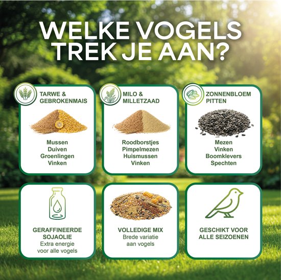 Overzicht van strooivoer ingrediënten en welke vogels je aantrekt: tarwe, milo, pitten, sojolie en complete mix.