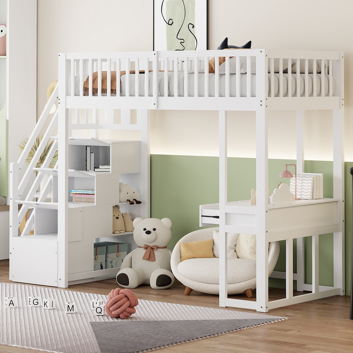 Merax 90x200cm hoogslaper met multifunctionele tafel - veilige opbergtrede - bedframe van massief hout - wit - zonder matras