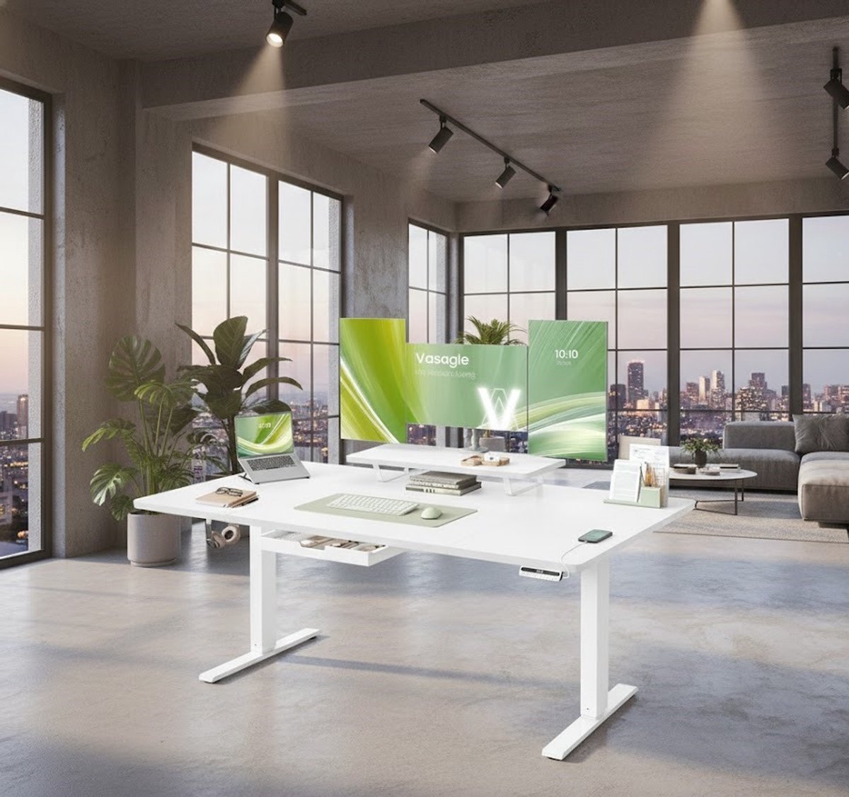 Ergonomisch In Hoogte Verstelbaar Bureau 160x80 cm – Sta-Zit Bureau met Lade, Monitorstandaard, USB-C Aansluiting en Gezond Werken Herinnering – Modern Wolkenwit – A-Furniture