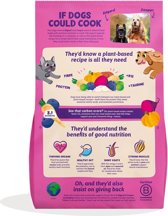 Achterkant van een roze hondenvoerzak met informatie over plantaardig voedsel, voedingsstoffen en goede doelen.