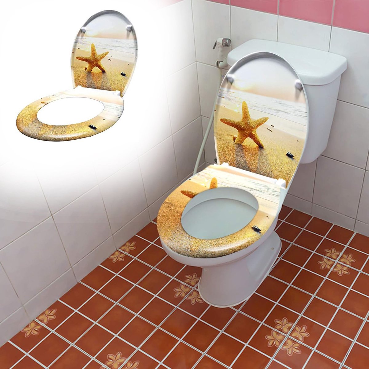 Aufun Toiletbril met Softclose - Zeesterpatroon - 45 x 38cm - WC-Bril van MDF met Thermohardend Deksel