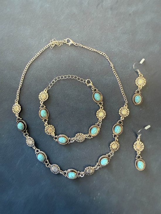 My Sweet Romance® - dames ketting met armband en oorbellen - sieradenset 3-delig zomer - zilverkleurig - blauw - ketting 42 cm (plus 5), armband 18 cm (plus 5) en oorbellen 5,5 cm