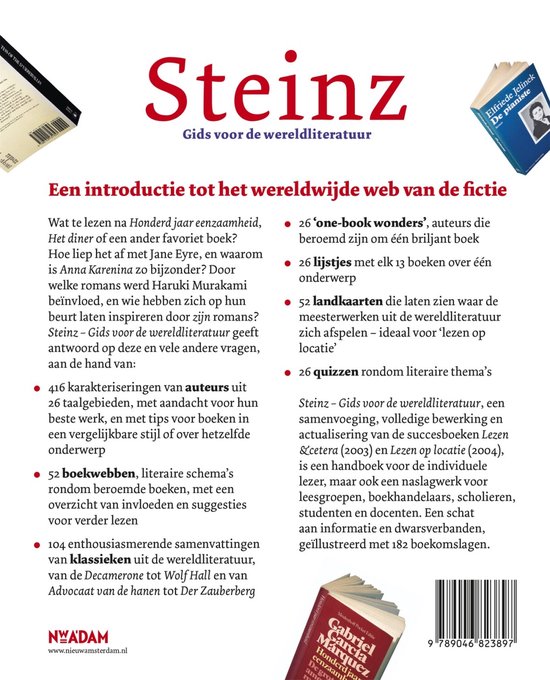 Boekomslag van Steinz - Gids voor de wereldliteratuur met de rode titel Steinz en afbeeldingen van boeken.