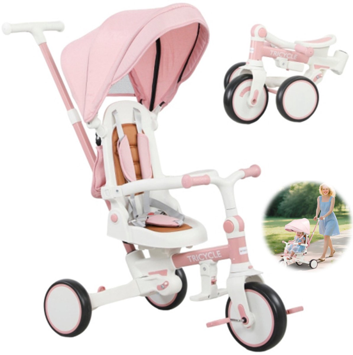 Kinderdriewieler 96.5 x 49 x 101cm meeloop-babybuggy 5-in-1-ontwerp afneembare duwstang verstelbaar veiligheidsgordel opbergtas 1-3 jaar roze De zitting ondersteunt verstelbare kantelhoeken kinderwagen