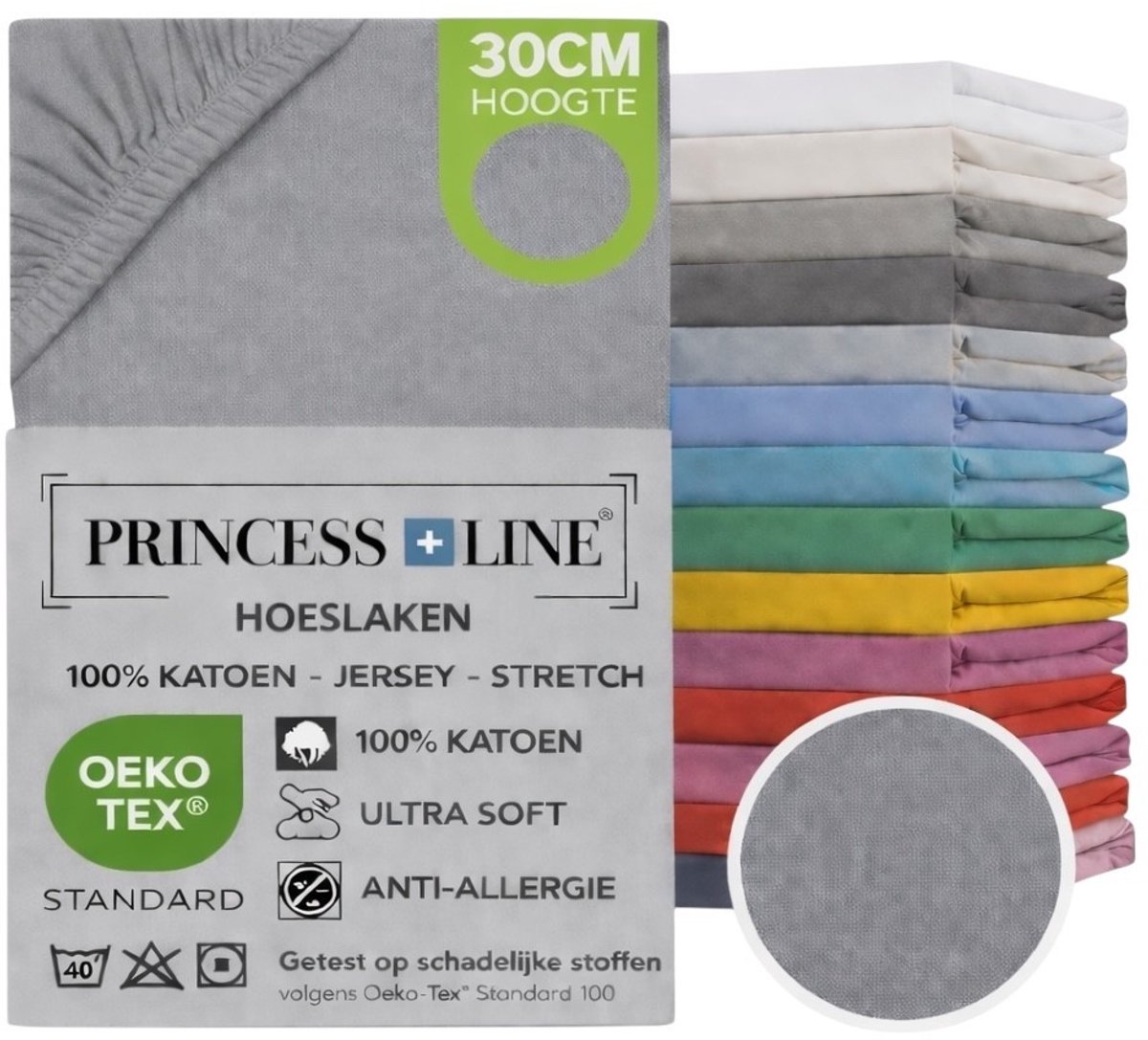 Princess Line- Comfortabel Ultra-Soft-Hoeslaken -100% katoen-Jersey -Stretch -Strijkvrij- Rondom elastiek-Hoekhoogte tot 30cm-2Persoons- Lits-Jumeaux-180x200 cm-Grijs