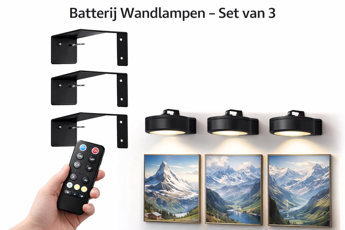 BOECK verlichting - Draadloze LED Wandlamp / Schilderijverlichting – Set van 3 – Batterij Operated – Met Afstandsbediening – Dimbaar – Wandspots voor Foto’s, Schilderijen en Decoratie
