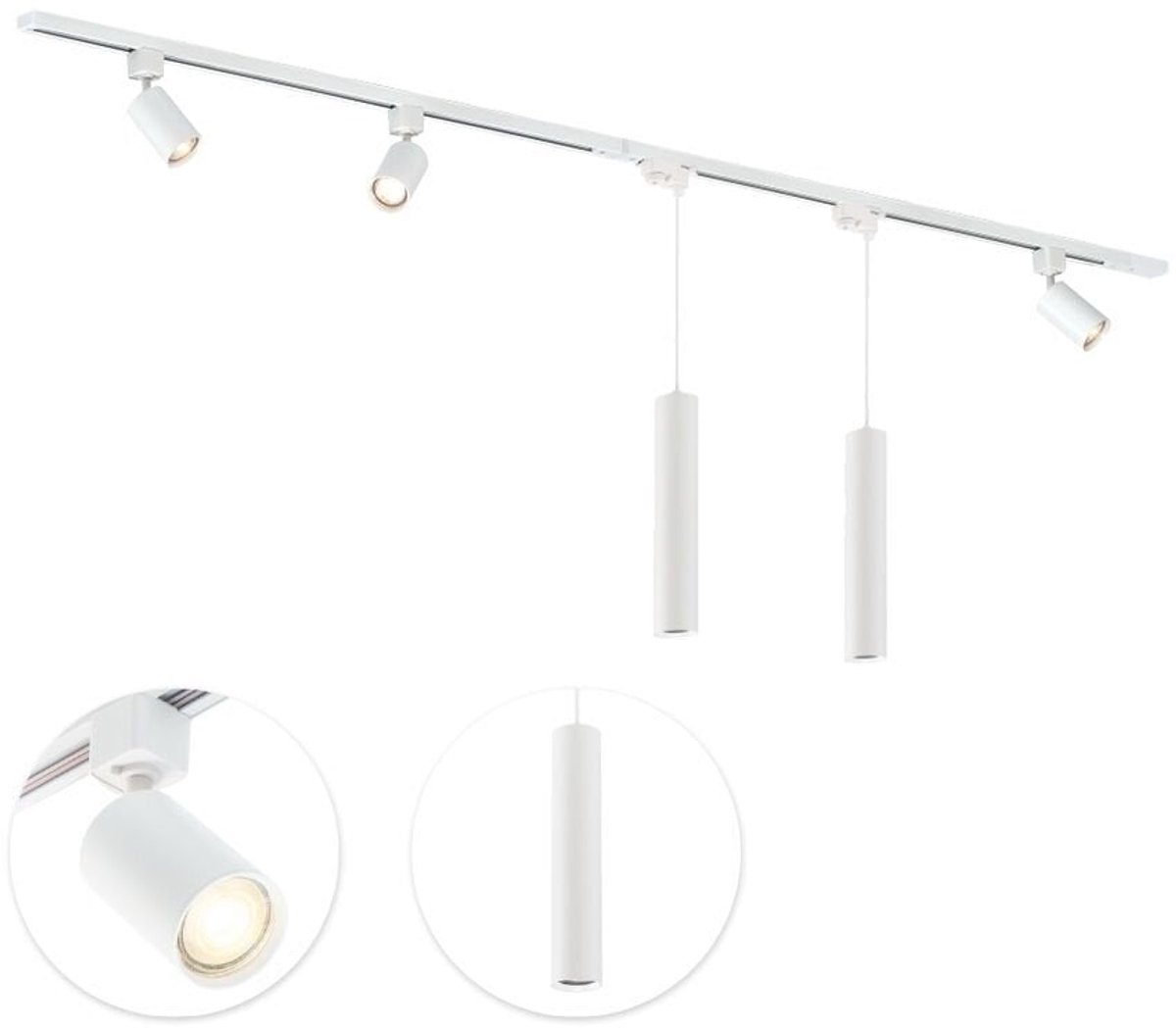 Qub Focus Railverlichting - Wit - 200 cm - I-Vorm - 3 Spots & 2 Hanglampen - Dimbaar - Complete Set