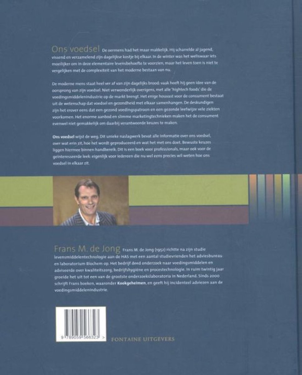 Achterkant van het boek 'Ons voedsel' met een foto van de auteur en tekst.