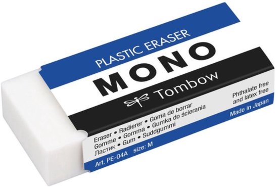 Witte TOMBOW MONO plastic gum, phthalatevrij en latexvrij, gemaakt in Japan. Art. PE-04A, maat M.