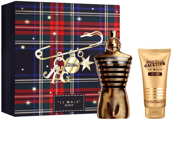 Jean Paul Gaultier Le Male Elixir giftset met tartan doos, gouden fles, gouden douchegel tube en broche metInitialen 'JPG'.