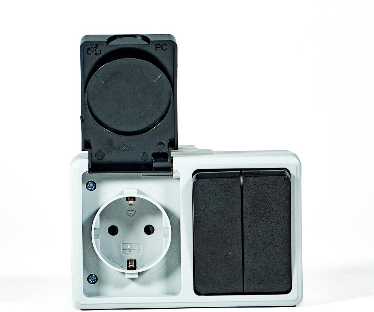 Schakelaar met stopcontact - Wandcontactdoos - Buiten gebruik - Spatwaterdicht IP54 - 120 x 60 x 80 mm - Grijs