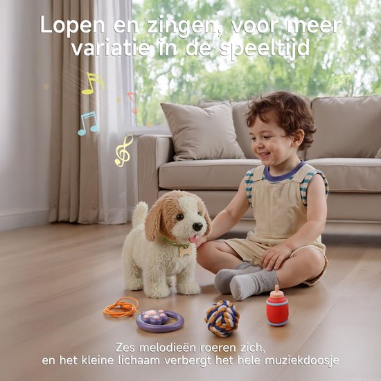 Een jongen zit op de vloer naast een witte en bruine pluche hond. Muzieknoten vliegen rond de hond. Tekst: 'Lopen en zingen, voor meer variatie in de speeltijd'.