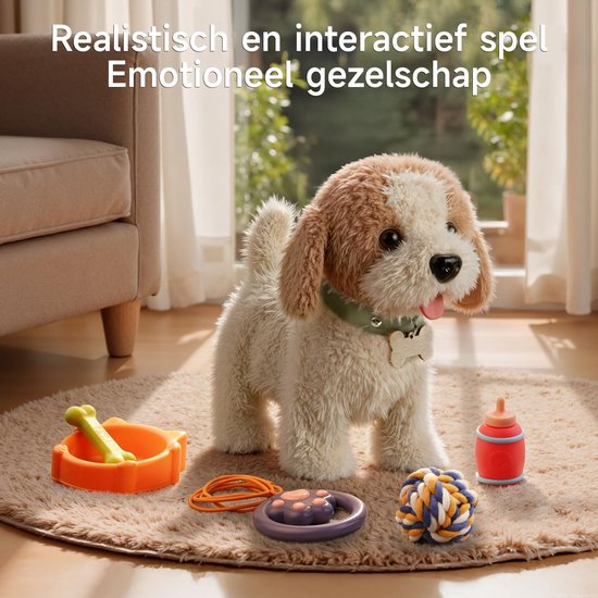 Witte en bruine pluche hond met speelgoed op een kleed, met tekst 'Realistisch en interactief spel, Emotioneel gezelschap'.