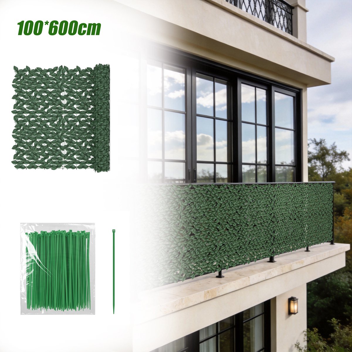 Aufun Premium Kunstmatig Hedera & Haag Schutting - 100×600 cm - Donkergroen - Privacy Scherm voor Balkon, Tuin & Omheining - Decoratief Kunstblad Paneel voor Buiten & Balustrade