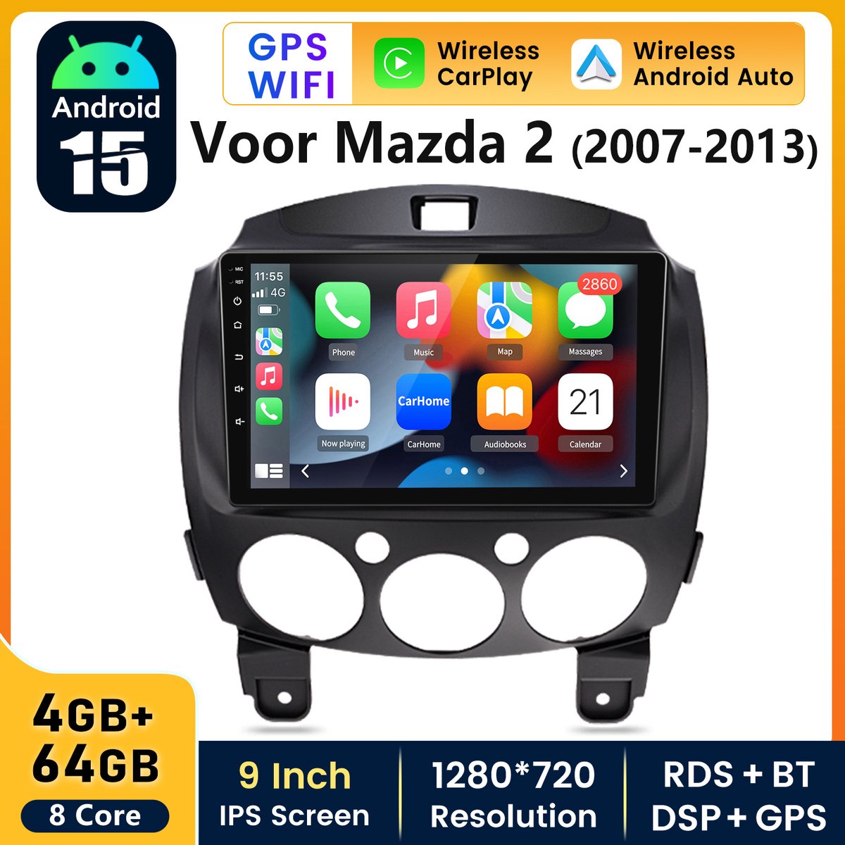 Hexinex 9" Octa-Core autoradio Geschikt voor Mazada 2 (2007-2013) - Draadloos CarPlay, Android Auto, multimediaspeler,Android15, GPS NAVI, WIFI, DSP, 4GB+64GB