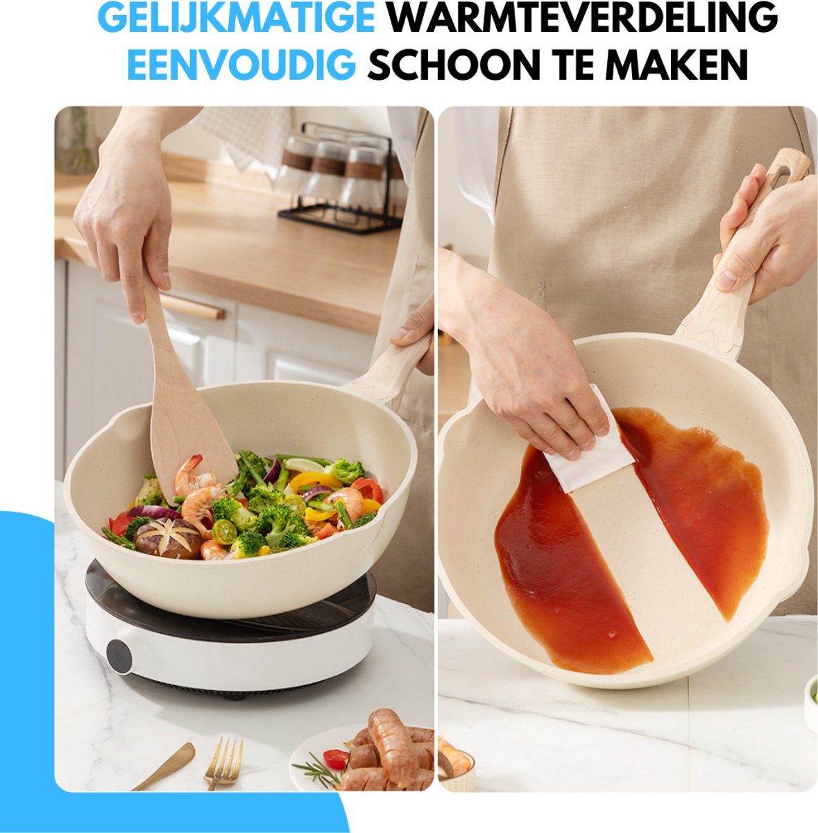 Livista Pannenset 14-delig – Wokpan, Koekenpan, Soeppan & Steelpan – Inclusief Keukengerei – – Makkelijk Schoon te Maken – Geschikt voor Inductie – Beige – foto 4