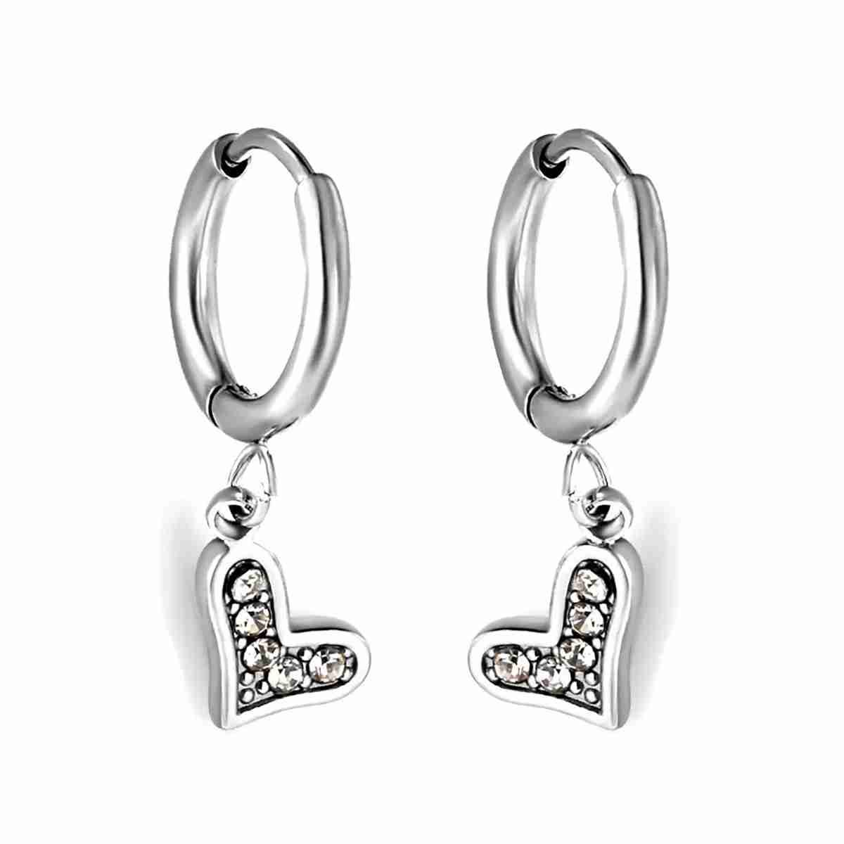 Oorbellen met Hartje en Zirkonia – Zilverkleurige Hoops – Dames - Chirurgisch Staal