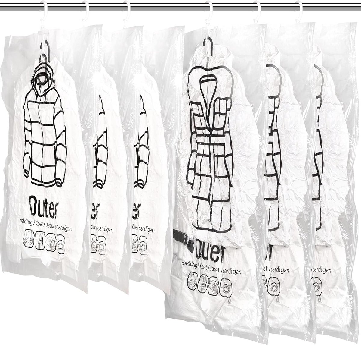 Famanu Hangende vacuümzakken voor kleding – 3 x 67 x 90 cm + 3 x 67 x 110 cm – extra dik dubbele ritssluiting - 360° haak – ruimtebesparend Transparant