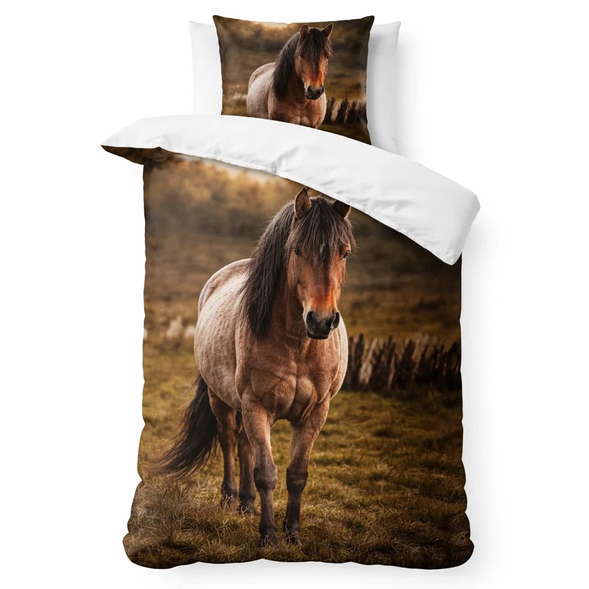 Kinderdekbedovertrek Pony – 140x220 cm – 100% Katoen Renforcé – Wasbaar op 60°C – Inclusief Kussensloop – Paardenprint