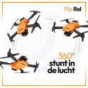 Drie afbeeldingen van een oranje drone die een 360 graden salto uitvoert. De tekst 'Flip Rol' staat erbij.