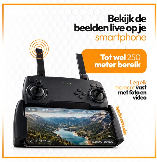 Zwarte drone controller met telefoonhouder met live beeld van een dronevlucht. Tot 250 meter bereik.