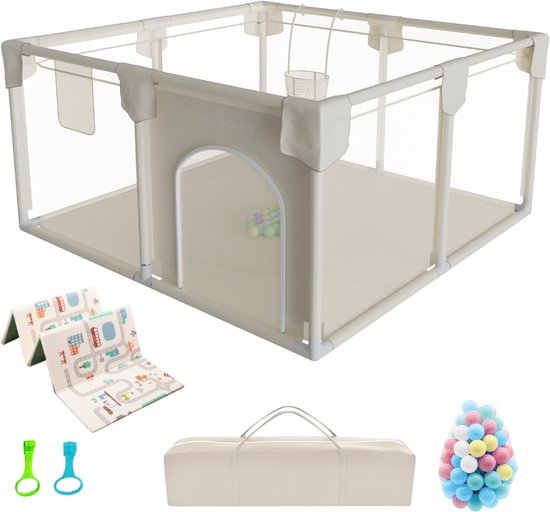 Zandgele box met accessoires: speelmat, draagtas, ballen, groene en blauwe lussen.