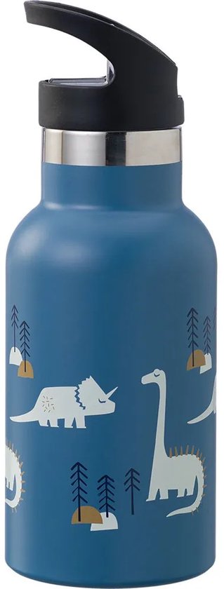 Blauwe drinkfles met dinosaurusprint en zwarte tuitdop.