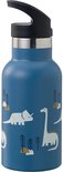 Blauwe drinkfles met dinosaurusprint en zwarte tuitdop.
