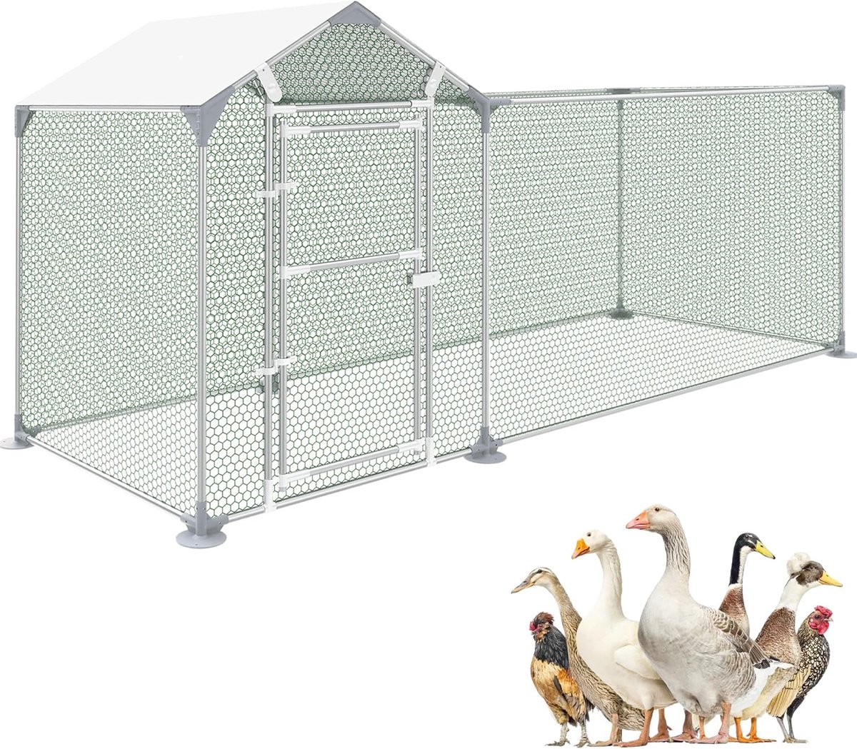 3 x 1 x 1,5 m Metalen Kippenhok met Loopruimte van 3m², Deur, Grendel en PE-dak, Buitenverblijf voor Kippen, Konijnen en Planten NAIZY
