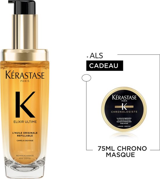 Kérastase Elixir Ultime L'Huile Originale Navulbare Haarolie + Cadeau - Voor Intense Voeding, Glans, Anti-frizz & Hittebescherming - Elixir Ultime Olie 75ml + Chronologiste Haarmasker 75ml Cadeau