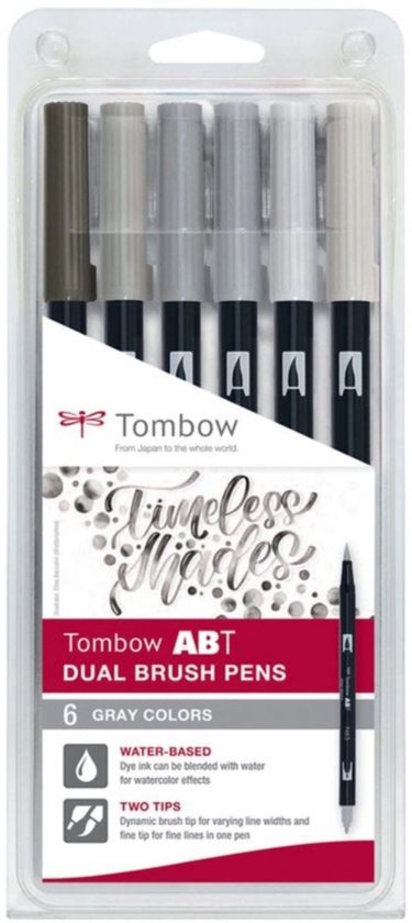 Tombow ABT-6P-6 – Dual brush pen – op waterbasis – met 2 punten – grijs – 6 stuks