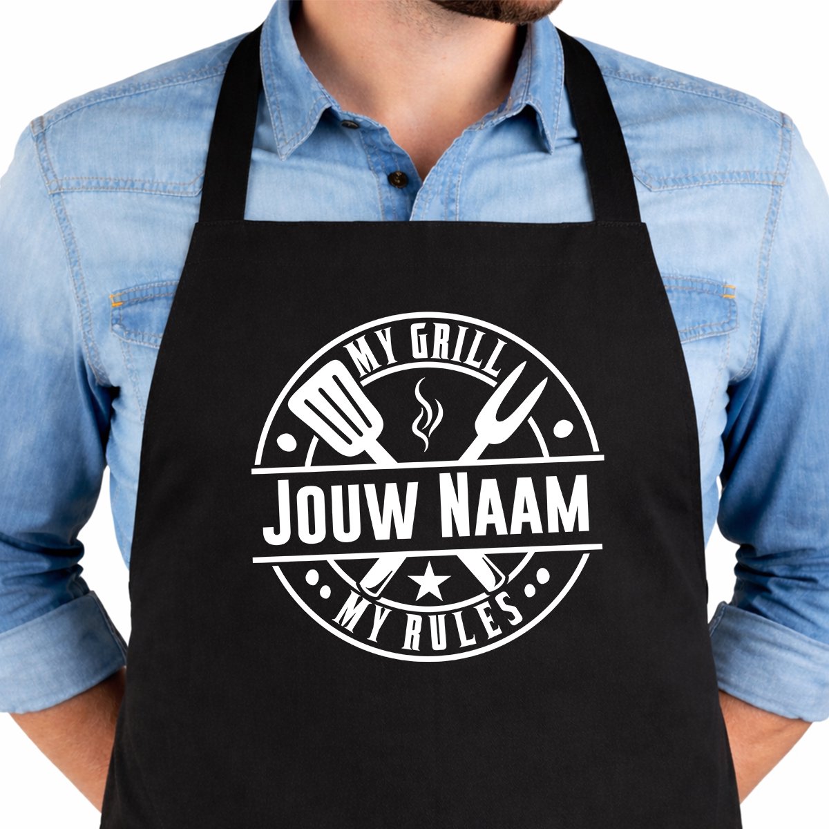 Keukenschort My Rules - Gepersonaliseerd Met Jouw Naam - 65x90cm - 100% katoen - Schort - Keukenschorten - Verjaardags cadeau - BBQ - Vaderdag - Moederdag cadeau