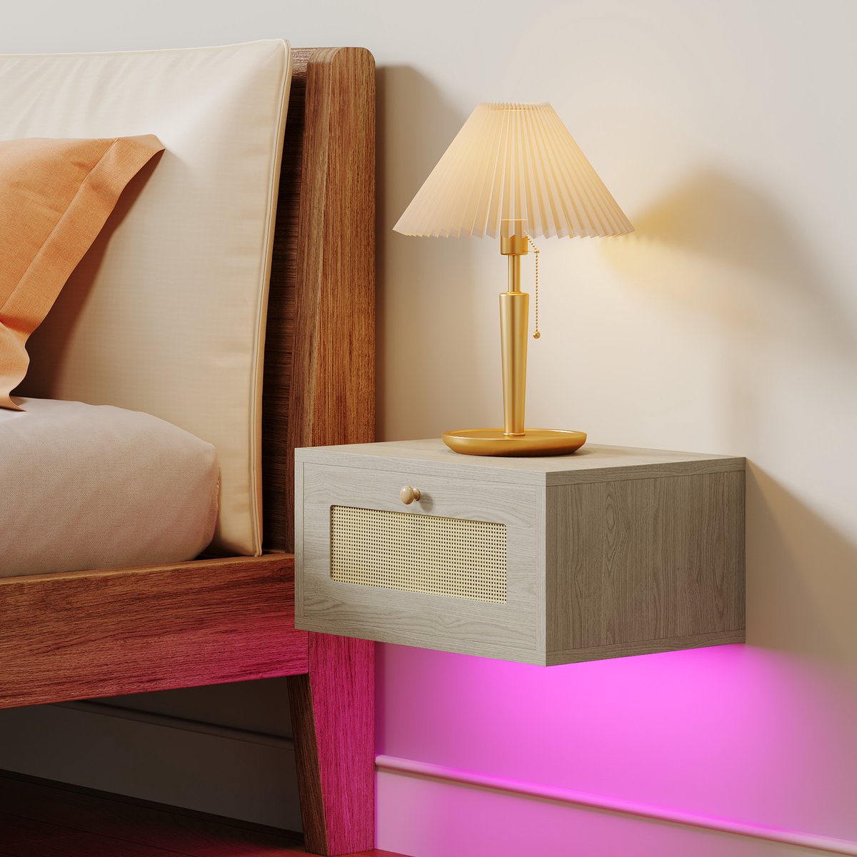 Nachtkastje - Bruin nachtkastje - 40 x 30 x 20 cm - Houten nachtkastje - Zwevend nachtkastje - 40 cm LED-verlichting - Nachtkastje met één lade Geschikt voor de slaapkamer, woonkamer en andere ruimtes in huis