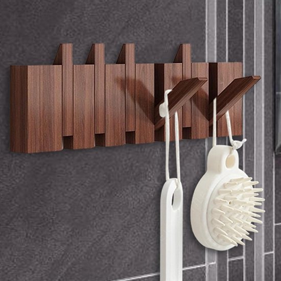 6-haaks wandhanger - kapstok - ophanghaken - Pianotoetshaken - Jassen- en tassenhanger - Massief hout - Walnootkleur — afbeelding 2