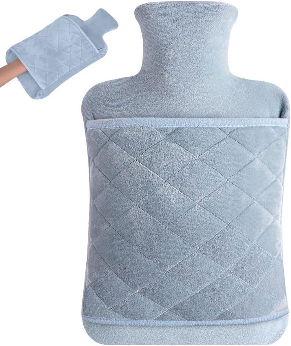 Zachte pluche warmwaterkruik 2 liter - Warmte en comfort voor nek, rug, taille - Cadeau voor verjaardag, Kerstmis, Vader- en Moederdag - Geschikt voor baby's - Blauw-grijs.