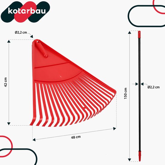 KOTARBAU® Bladhark, Tuinhark van Kunststof, 48 cm, met Aluminium Steel, 150 cm, Extra-Click, Gazonhark, Waaierbezem, Stevige Hark, Hark voor Gras Tuin Gazon, Rood & Zwart van Merkloos	 — afbeelding 5