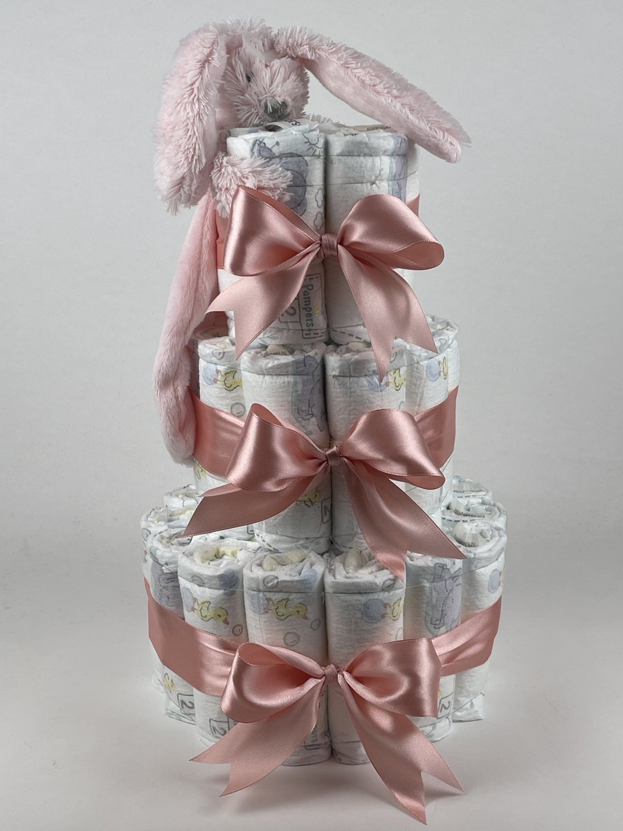 Chouette-Chouette | Luiertaart Meisje | Kraamcadeau | Geboorte Meisje | Babyshower | Tuttle Konijn Richie Pink - donker Poeder Roze