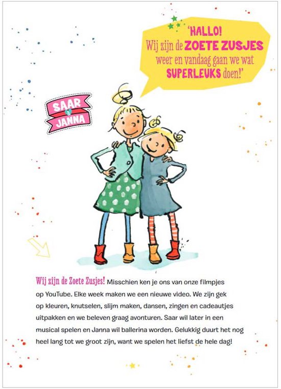 Twee meisjes, Janna en Saar, poseren, omringd door sterren en tekstballonnen.