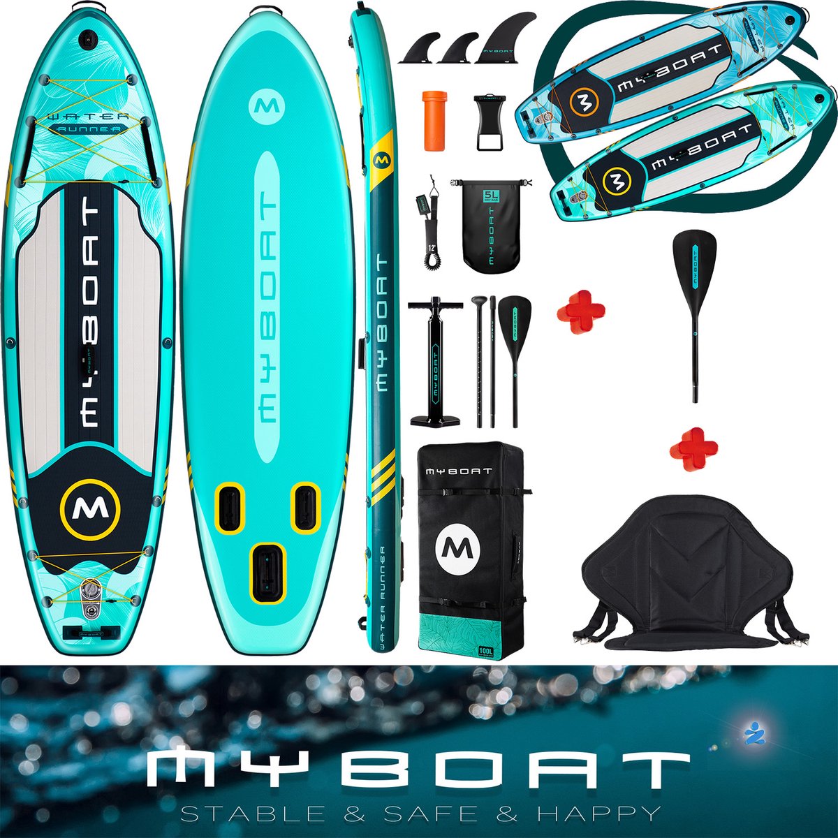 Luxe zeer complete set | Groen Opblaasbaar MyBoat Pro Kajak Boord | Stand Up Paddle Lake Green SUP Board Wind Water Runner met sportief zitje | 4 delige peddel voor kano ervaring | Samen, Familie, 2 á 3 personen of met hond | Tot 168 Kg kajakken