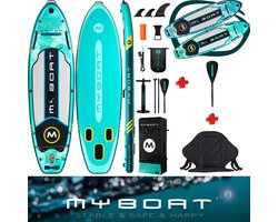 Luxe zeer complete set | Groen Opblaasbaar MyBoat Pro Kajak Boord | Stand Up Paddle Lake Green SUP Board Wind Water Runner met sportief zitje | 4 delige peddel voor kano ervaring | Samen, Familie, 2 á 3 personen of met hond | Tot 168 Kg kajakken