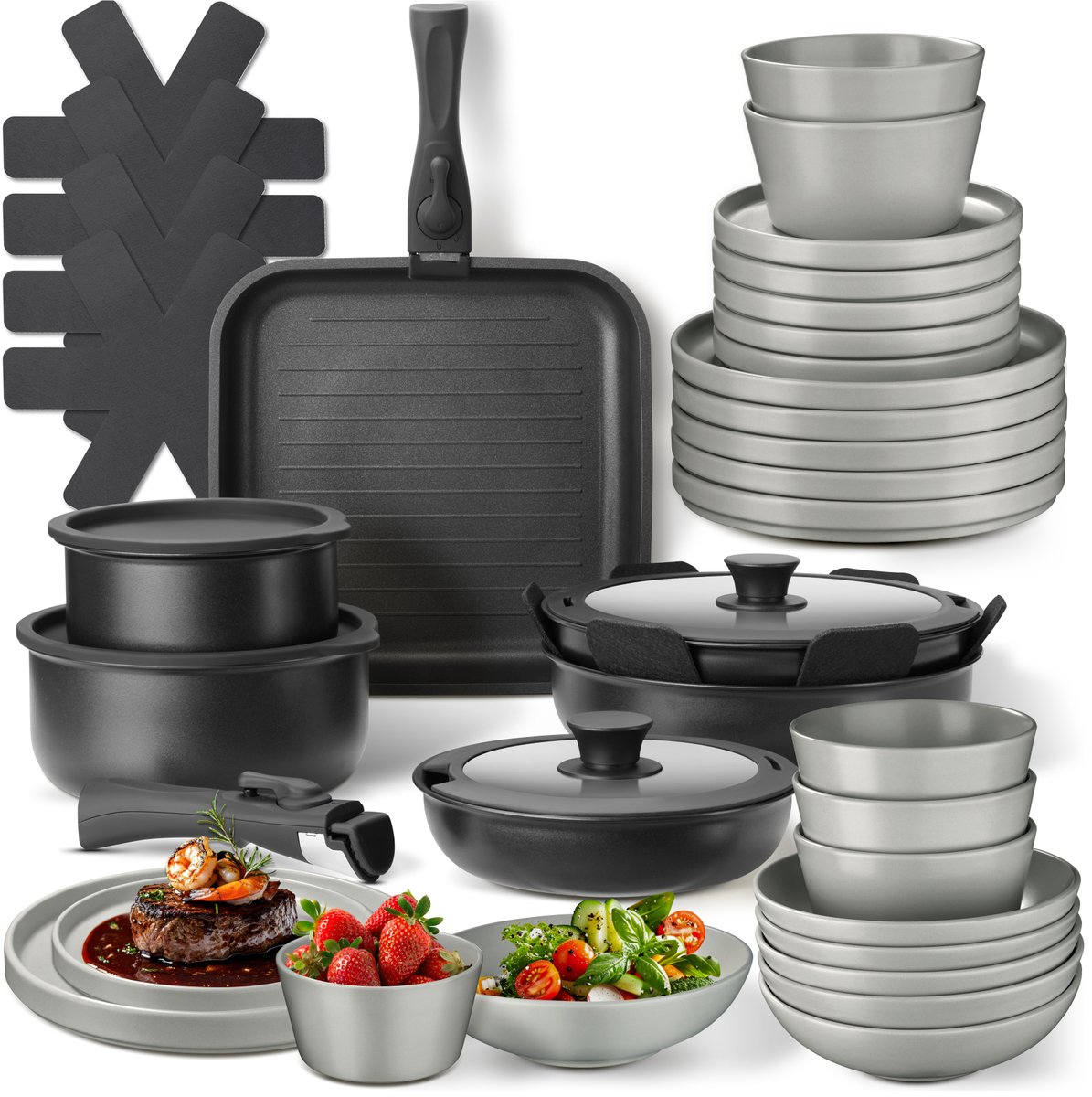 tectake® Complete Pannenset - Borden Set - Aardewerk - 41-delig - 6 Persoons - Set met Servies, Koekenpan, Grillpan, Kookpan, Kommen - Pannen met Deksel en Antiaanbaklaag - Ovenbestendig - Vaatwasbestendig - Geschikt voor Inductie - Grijs/Zwart