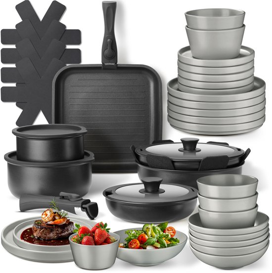 tectake® Complete Pannenset - Borden Set - Aardewerk - 47-delig - 6