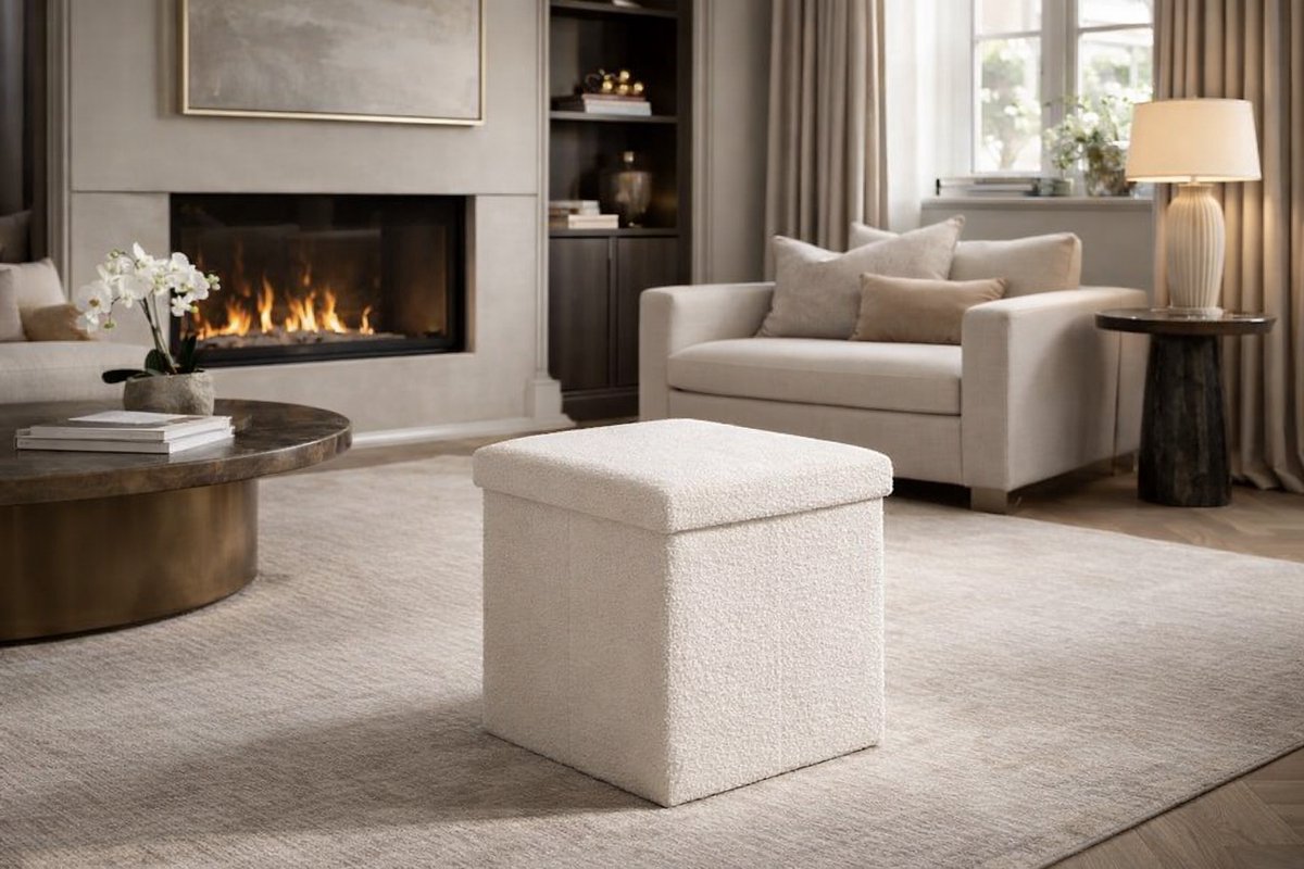 Fameilleur® Teddy Poef met Opbergruimte 38x38 cm – Opvouwbare Teddy Poef Off-White – Bouclé Opbergpoef – Ronde Voetenbank – Scandinavische & Japandi Poef Woonkamer – Zachte Poef Slaapkamer – Moderne Zitpoef – Teddy Stoffen Poef – Design Poef