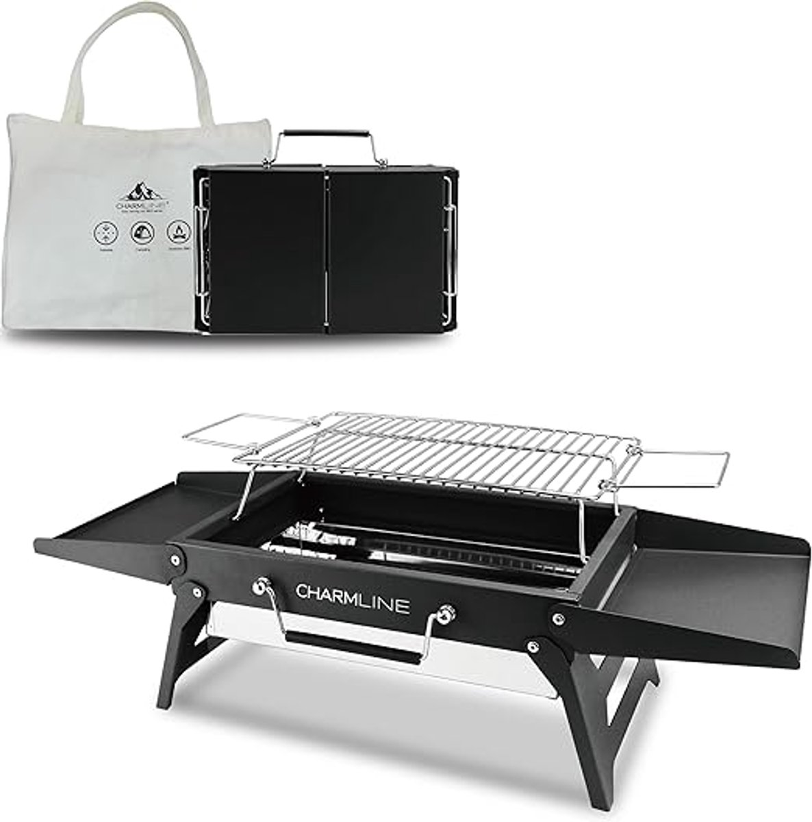 Opvouwbare Houtskool BBQ Grill – Compacte Draagbare Barbecue 34×23 cm – Camping Grill voor Strand, Picknick en Tuin – Stalen Mini BBQ voor 3 Personen