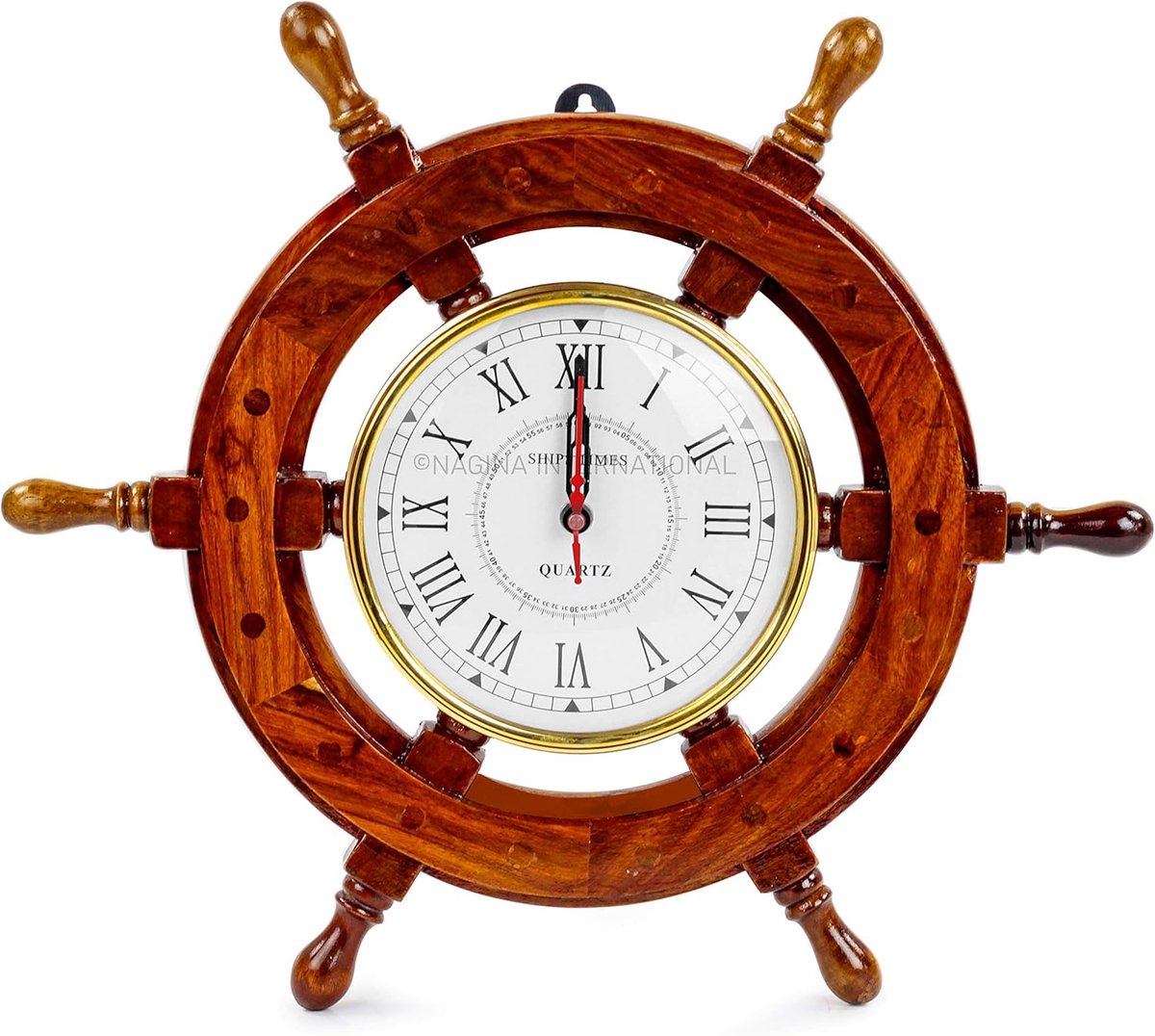 16 Inch Houten Scheepsstuur Wiel Wandklok - Vintage Maritiem Decor